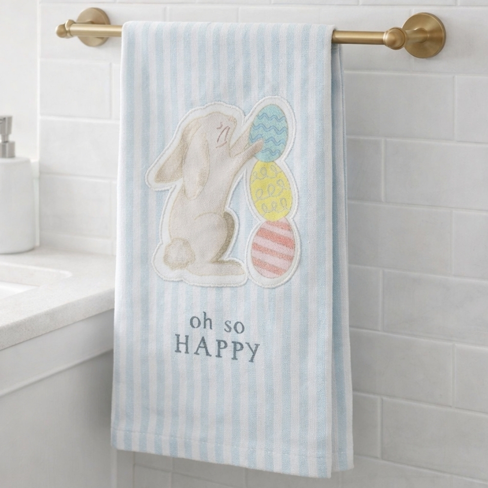 Mud Pie Bunny with Egg Appliqué Easter Kitchen Towel “Oh So Happy” NWT Spring